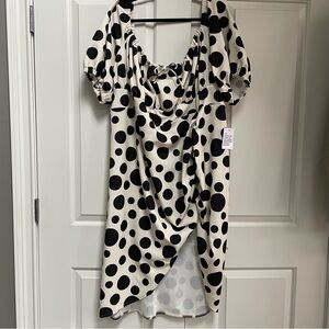 ASOS DESIGN Curve Milkmaid Bust Ruched Pencil Midi Black Dot Cream Slit Dress